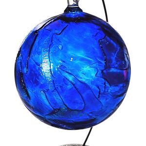 Large Hand Blown Hanging Blue Art Glass Ball Textured Iridescent Suncatcher 5"